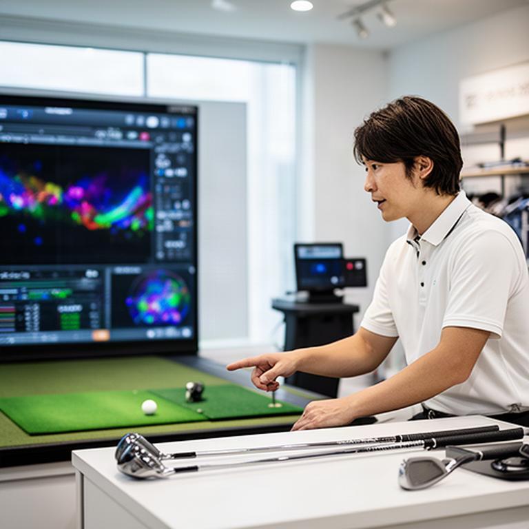 店内の試打スペースでゴルフクラブの弾道データを確認するスタッフ