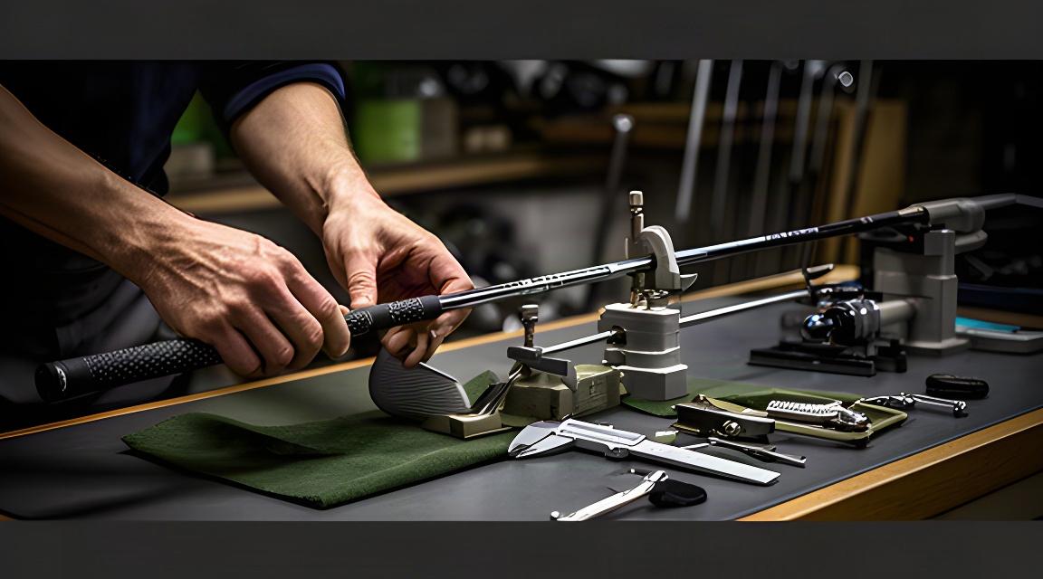 ゴルフクラブのシャフトを専用工具で点検するクラフトマンの作業台
