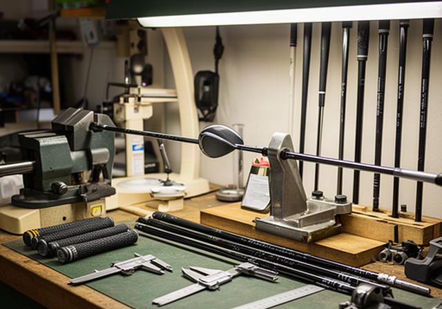 ゴルフクラブ専門店の工房で専用工具と作業台を使ってシャフトを調整する様子