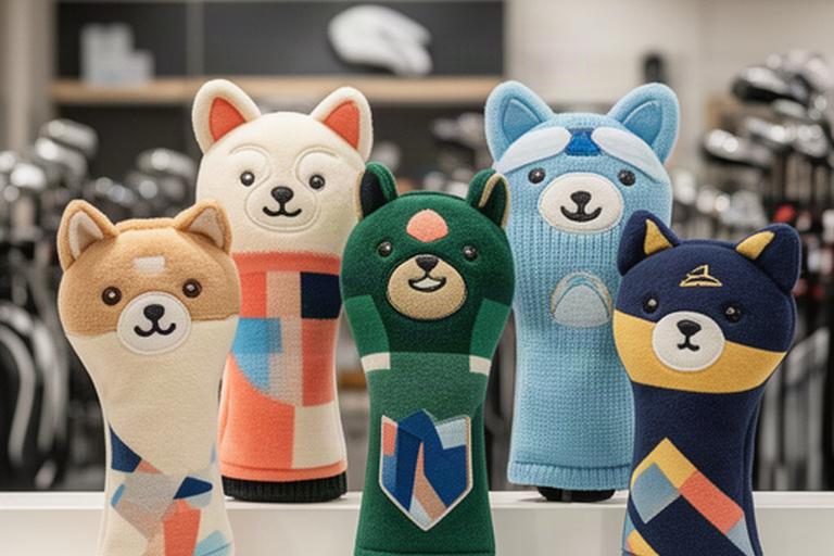 動物モチーフやチームロゴのかわいいゴルフヘッドカバー展示