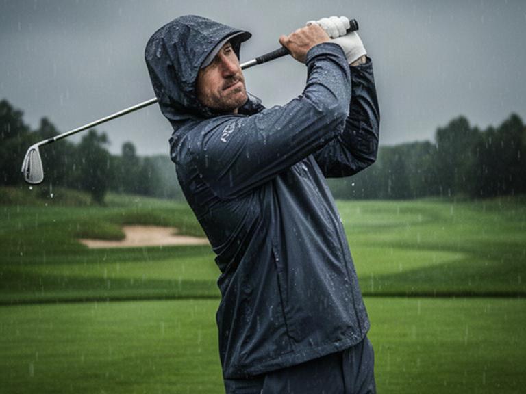 雨のゴルフコースでストレッチ性のあるレインウェアを着てスイングするゴルファー