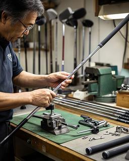クラフトマンのIshizukaさんが工房の作業台でゴルフクラブを整備している様子